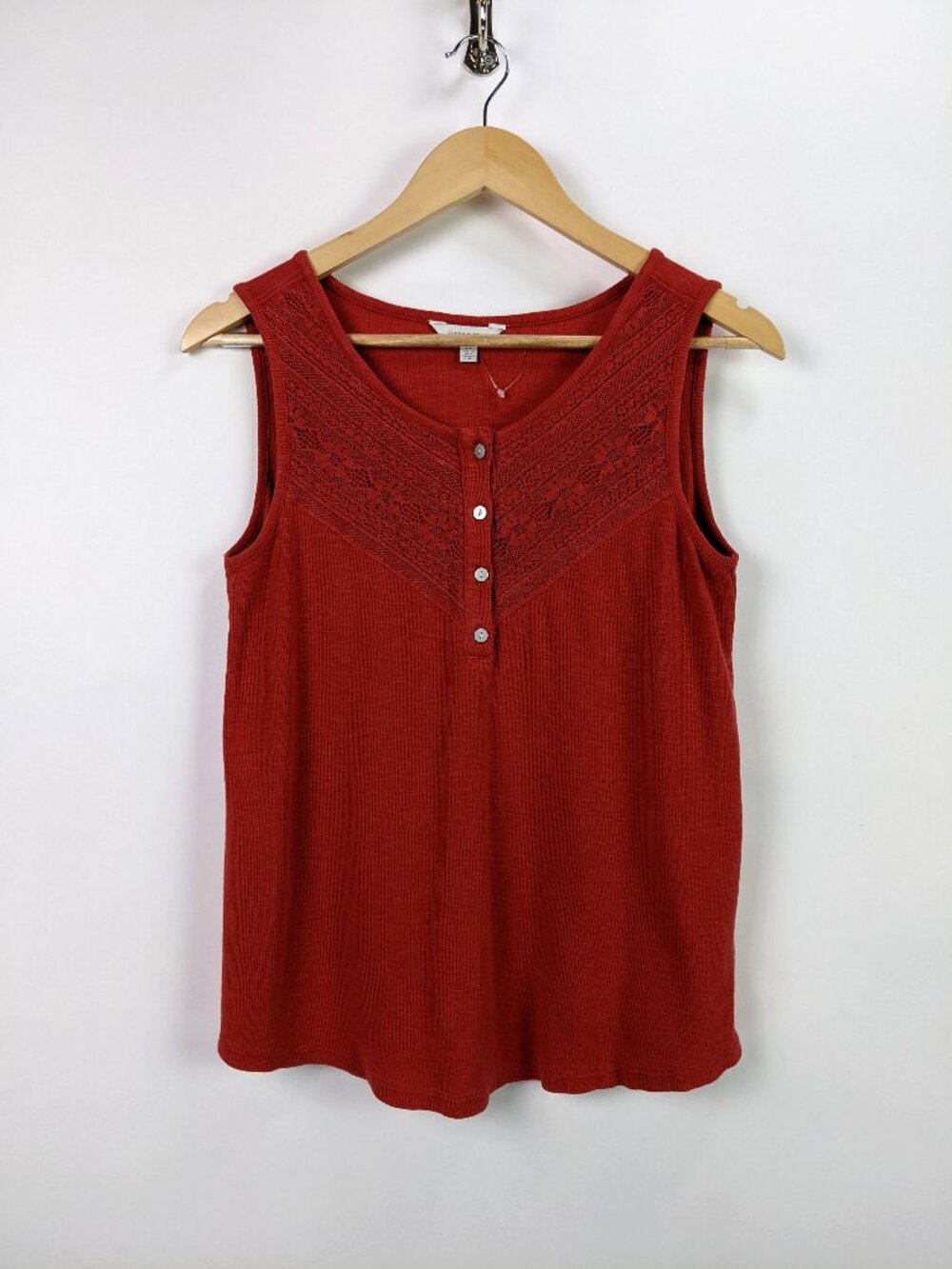 Lucky Brand Womens Sleeveless Button Front Tank Top Crochet Lace Brick Red - S